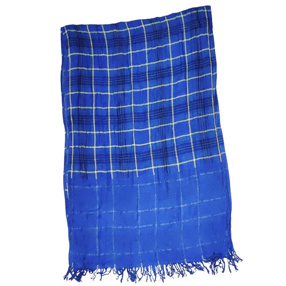 Vintage Bass Plaid Scarf Wrap Blue Yellow Fringed Soft Rayon Blend 72 by 23